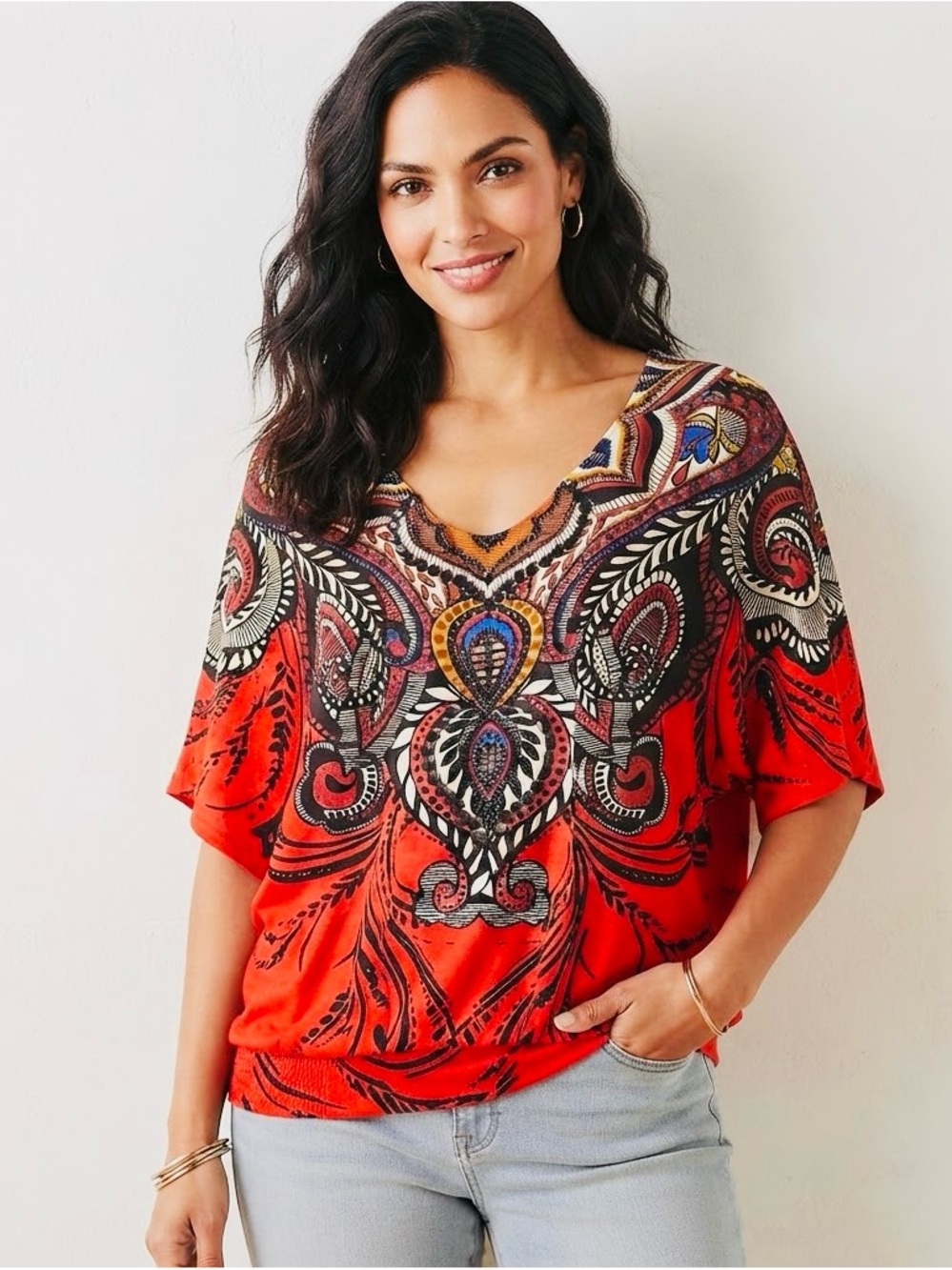 Peck & Peck Red Printed V-Neck Tunic Top